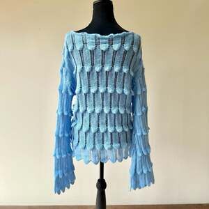Light Blue Women's Open Knit Scallop-Trim Sweater